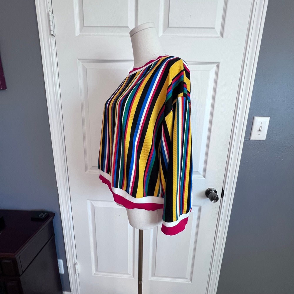 Dice Women XL Multi Color Vertical Stripe Ribbed Knit Pullover Crop Top Sweater - Picture 2 of 7